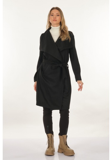 Tdee Concept Kruvaze Yaka Bağlama Detaylı Siyah Kadın Kaban 22295004 001