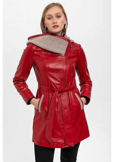 Kırmızı Julia Triko Kapüonlu Kemerli Hakiki Kadın Deri Kaban-kırmızı Kırmızı