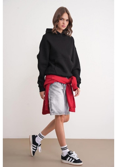 Mixray 2022 Unisex 3iplik Basic Polarlı Kapüşonlu Sweatshirt Hoodie Siyah