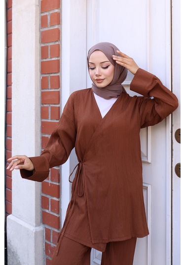 Misskayle Bağlama Detaylı Kimono Takım Kahverengi Kahverengi