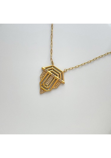 Serenay Kararmaz Çelik Gold Taşlı Madalyon Kolye Altın