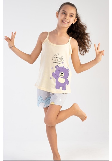 Kız Çocuk Şortlu Pijama Takımı Askılı Ayıcık Baskılı A13 Pembe