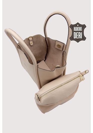 Hakiki Deri Kadın Organizerlı El Çantası Vizon Smr9206 Vizon