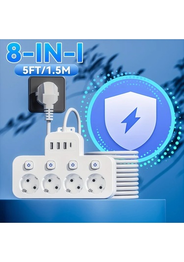 Honeybeeshop Beyaz 1 5m 5ft 4 Standart Eu Prizli 3 Usb A 1 Usb C Portlu Guvenli Priz Kisa 5 10 15 Ayak Uzatma Kablosu Ev Ofis Seyahat Uygun