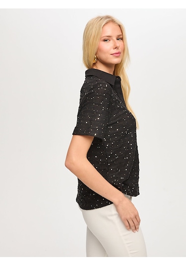 Faik Sönmez Polo Yaka Payetli Örme Bluz S26blz015 Us26blz01510 Siyah
