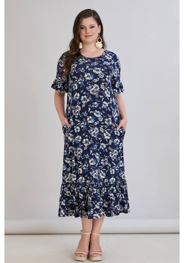 Wearon Kadın Dora Büyük Beden Volanlı Beyaz Papatyalar Lacivert Elbise Lacivert