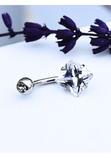 Çift Zirkon Taş Kare Detay Göbek Piercing 316l Cerrahi Çelik-gbkpr74 Çok Renkli