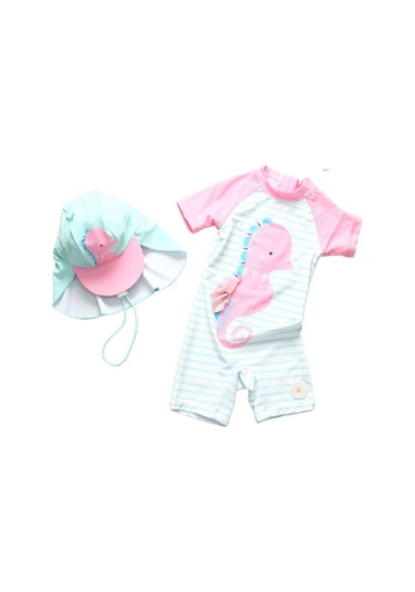 Upf50+ Güneş Korumalı Kız Çocuk Mayo Pembe Mint Beyaz Şapkalı Mayo Set Pembe