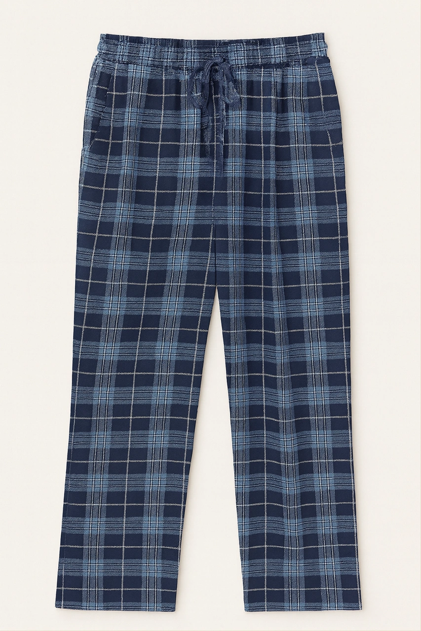 Erkek %100 Pamuk Cepli Ekose Pijama Altı Lacivert Lacivert Ekose