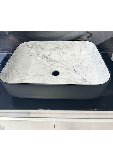 Boheme Scope 50 Cm Mat Siyah Calacatta Tezgah Üstü Çanak Lavabo Şık Tasarım Krom