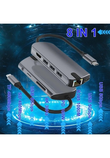 Xuweiwei 8in 1 Usb C Hub Gray 4k Hdtv Rj45 1000m Sd Tf Arayuzu 3 Usb 1 Usb C Macbook Ve Windows Notebook Uyumlu