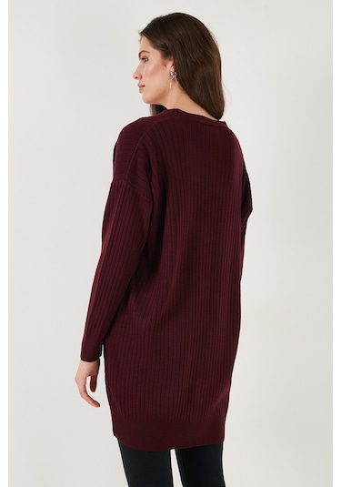 Lela V Yaka Düğmeli Uzun Triko Bayan Hırka 4616040Y Bordo