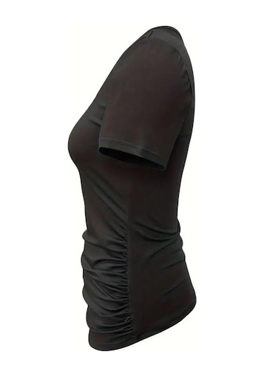 Kadın Kısa Kollu Yakası Açık Lazer Kesik Detaylı Viskon Bluz Siyah