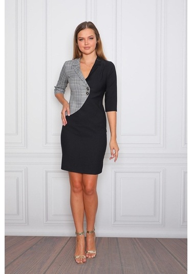 E.T.'S Element'S Kadın Siyah Beyaz Ekoseli Ofis Elbisesi Siyah
