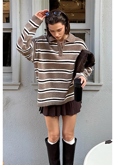 Vizon Polo Yaka Çizgili Kadın Triko Kazak Mg2469 Vizon