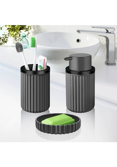 Lines Serisi Gri Banyo Seti, 3 Parça Oval Akrilik Sabunluk Fırçalık ve Sıvı Sabunluk Takımı - 3319