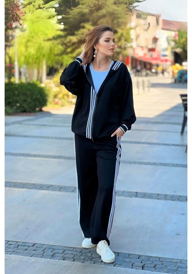 Yanları Şeritli Kapüşonlu Takım Siyah