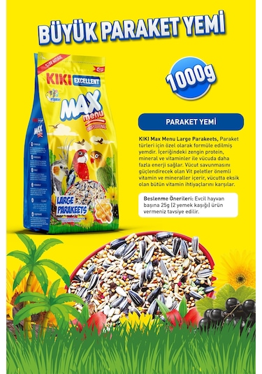 KIKI Excellent Kuş Max Menu Large Parakeets Büyük Pareket Yemi 1000 Gr. KB307
