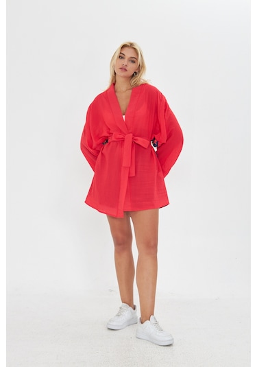 Kutaf Kırmızı Ultra Soft Arkası Desenli Kimono Kırmızı