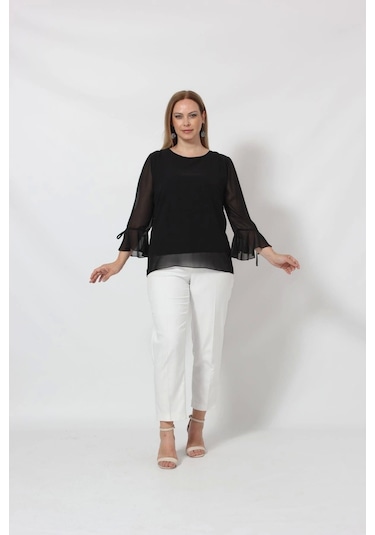 3119s Siyah Kolu Valon Ve Bağcık Detaylı Bluz Siyah