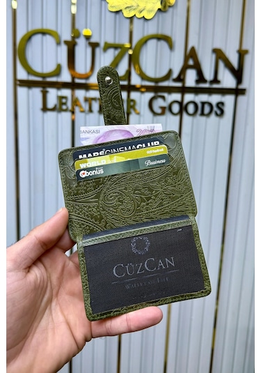 Cüzcan Jorvik Patlı Hakiki Deri Premium Kartlık Kişiye Özel İsim Baskılı Yeşil Motifli