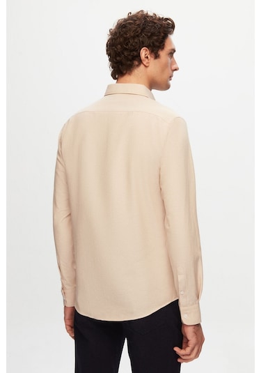 Ds Damat Slim Fit Ekru Oxford Düğmeli Yaka Kolay Ütülenebilir Nakış Detaylı Pamuklu Gömlek 4HC02ORT03265 Ekru