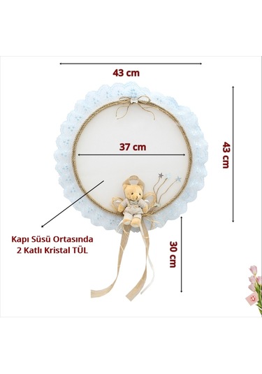 Süslebabypartystore Güpürlü Ve Ayıcıklı 37Cm Kasnak Kapı Süsü - Mavi