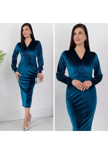 Defymoda Kadın Kadife Kumaş Manşetli V Yaka Şık Kalem Elbise Mavi