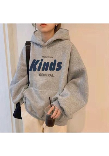Kinds General Sweatshirt - Gri Baskılı Oversize Kapüşonlu Gri