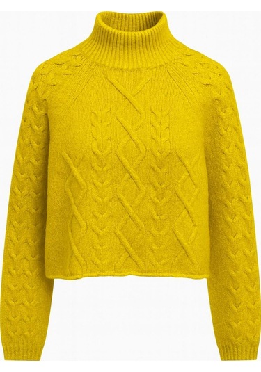 6855 Kadın Dik Yaka Saç Örgülü Triko Kazak Hardal Hardal