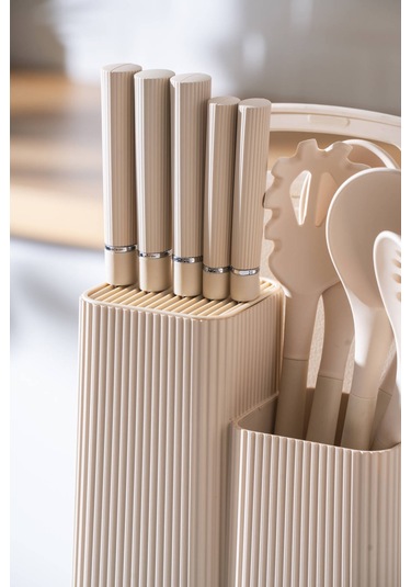 Cooper 12 Parça Standlı Kesme Tahtası Servis Ve Bıçak Seti Krem