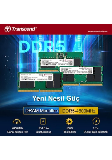 Transcend JM4800ASG-8G 8 GB DDR5 4800 MHz CL40 1.1V Notebook Ram