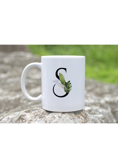 S Harf Zarif Yaprak Desenli Kupa Bardak - Naturel Sade Alfabe Harfli Bardak - Kişiye Özel Hediye Beyaz
