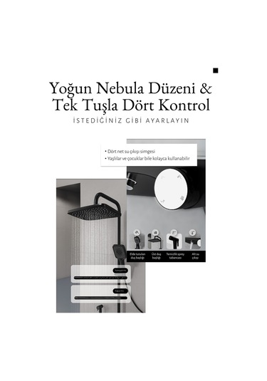 Zift Unique Premium Siyah Duş Sistemi Seti - 4 Fonksiyonlu Yağmur Duş Başlığı, Temperli Cam Raf, Masajlı El Duşu Siyah