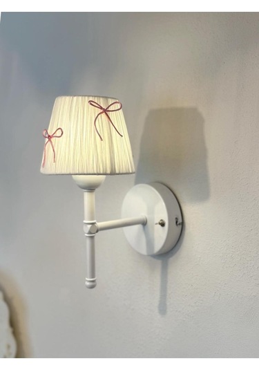 Candy Pembe Fiyonk Kurdele Beyaz Rafya Kablosuz Pilli Duvar Aydınlatması Aplik - Alt Beyaz Pembe