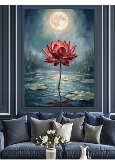Ay Işığı Altında Lotus Çiçeği Dekoratif Kanvas - Mdf Ahşap Tablo