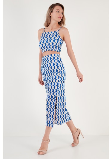 Lela Slim Fit Ip Askılı Yırtmaçlı Bayan Takım 5865278 Saks-Beyaz