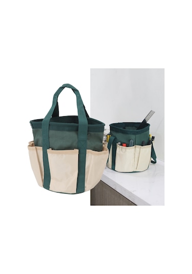 Folinda Yeşil Ve Bej 600d Oxford Kumaş Bahçe Aleti Çantası, 6 Cepli Sağlam Taşınabilir Gardening Gereçleri Depolama Çantası