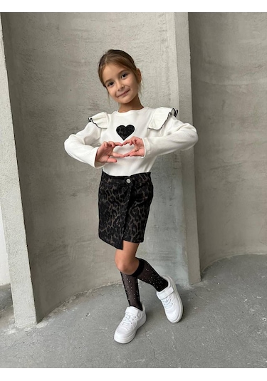 Bellamio Kids Leoparlı Şort Etekli Kız Çocuk Takımı Ekru - Siyah