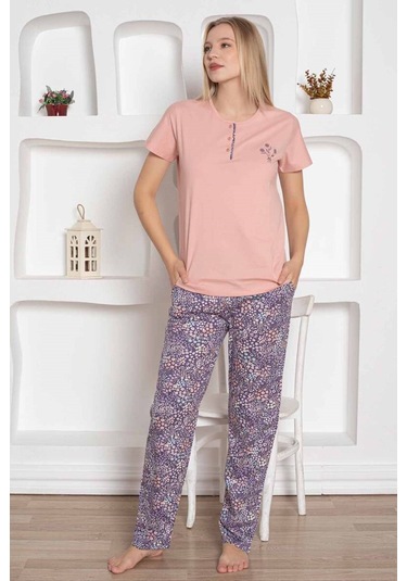 Kadın Çiçek Desen Bisiklet Yaka 3 Düğmeli Kısa Kol Cepli Pijama Takımı Pudra