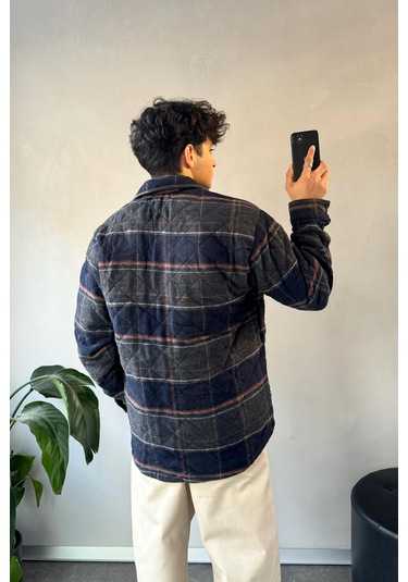 Flaw Ekose Desen Cep Detay Oversize Ceket Lacivert Lacivert