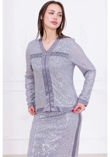 V Yaka Payetli İkili Takım 4716-gri Gri