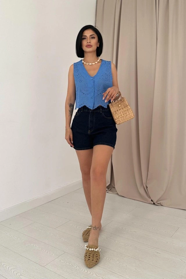 Nova Bazaar Mavi Sıfır Kol Brode Bluz Mavi