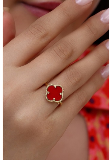 14k Altın Kaplamalı 925 Ayar Gümüş Granada Saray Yoncası Yüzük - Kırmızı 34025201 Altın