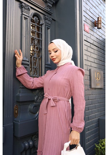 Kadın Gül Kurusu Boydan Düğmeli Eteği Piliseli Kuşaklı Lara Keten Uzun Tesettür Elbise Gül Kurusu