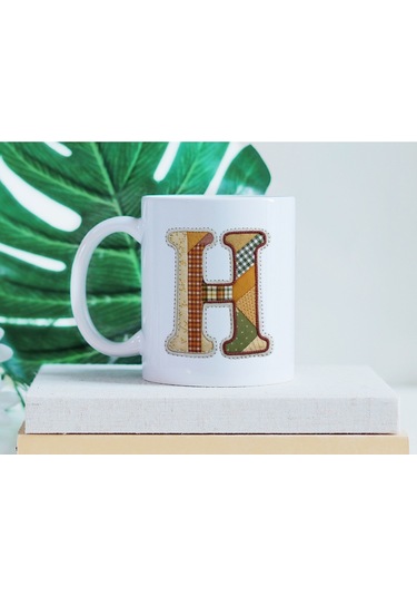 H Harfi Sonbahar Kış Temalı Yamalı Tasarım Kupa Bardak - Etnik Ve Pathwork Severlere Özel Hediye Beyaz