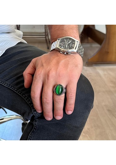 925 Ayar Gümüş Yüzük, Yapay Taş Yüzük, Kartal Sembolü Yüzük, El Yapımı Yüzük Yapay Yeşil Kedi Gözü Gümüş