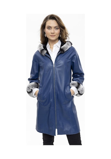 Mavi Hillary Geniş Kesim İçi Kumaş Çift Taraflı Kapüşon Ve Kol Ağzı Kürklü Kadın Hakiki Deri Kaban-mavi Mavi