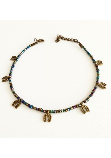 Başka Sanatlar H169 Nal Sembollü Boncuklu Halhal Lacivert - Antik Sarı