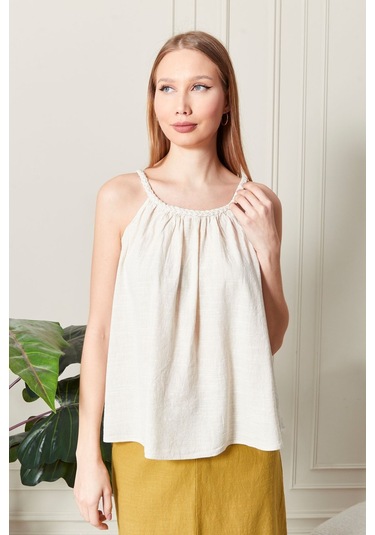 Şık Farklı Tarz Keten Işıl Bluz - Zarif Ve Modern Tasarım Krem